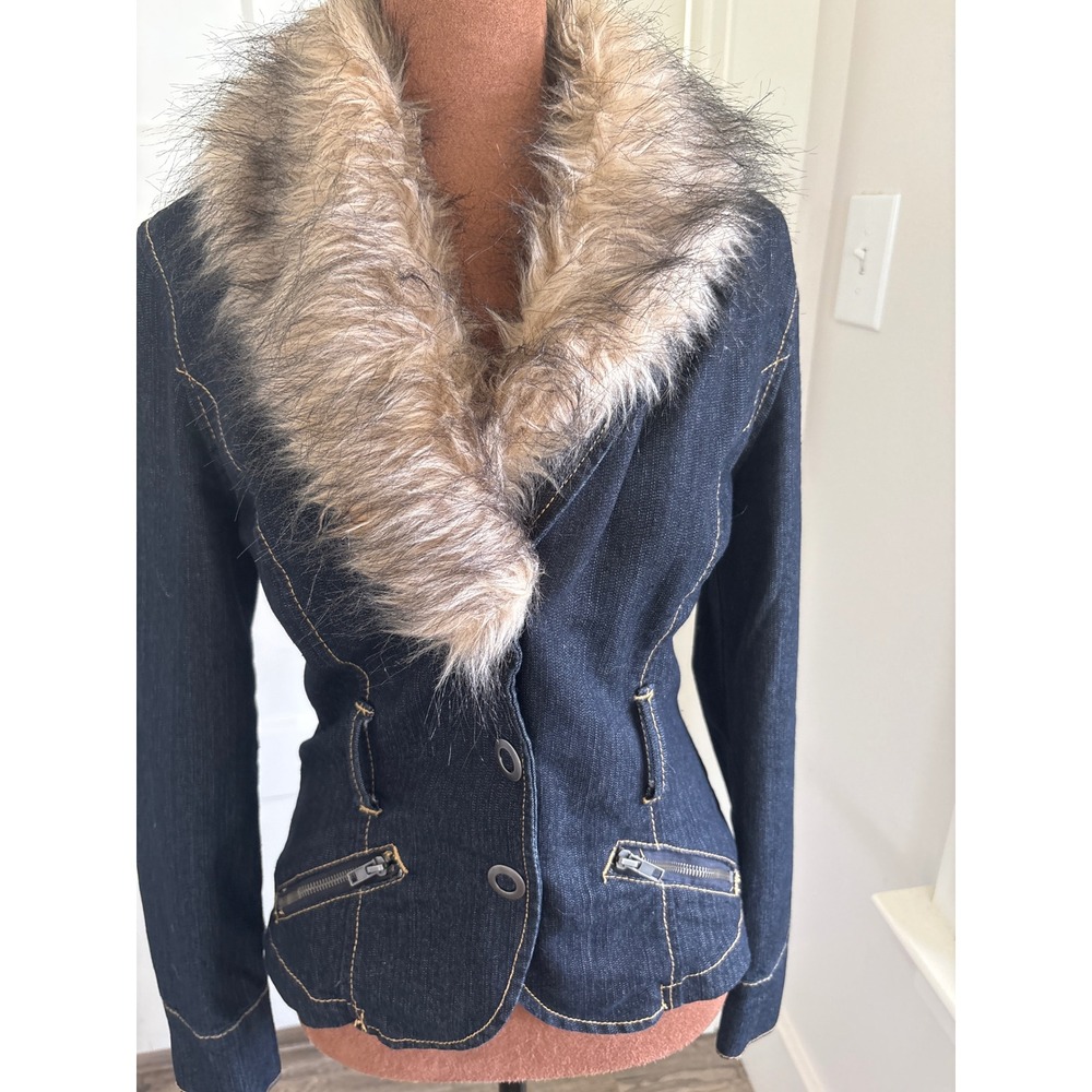 Sweet Vibes Women Dark Wash Denim Jacket Faux Fur Collar Blue Size M Y2K Retro